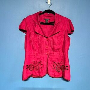 Y2K Linen Blazer Blouse Women's Size 10 Grace Elements Pink Cap Sleeve Seamed